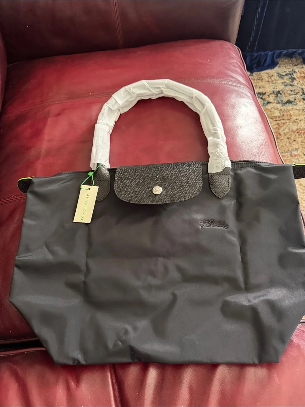 Longchamp Medium Black Nylon Le Pliage Tote with Green Trim